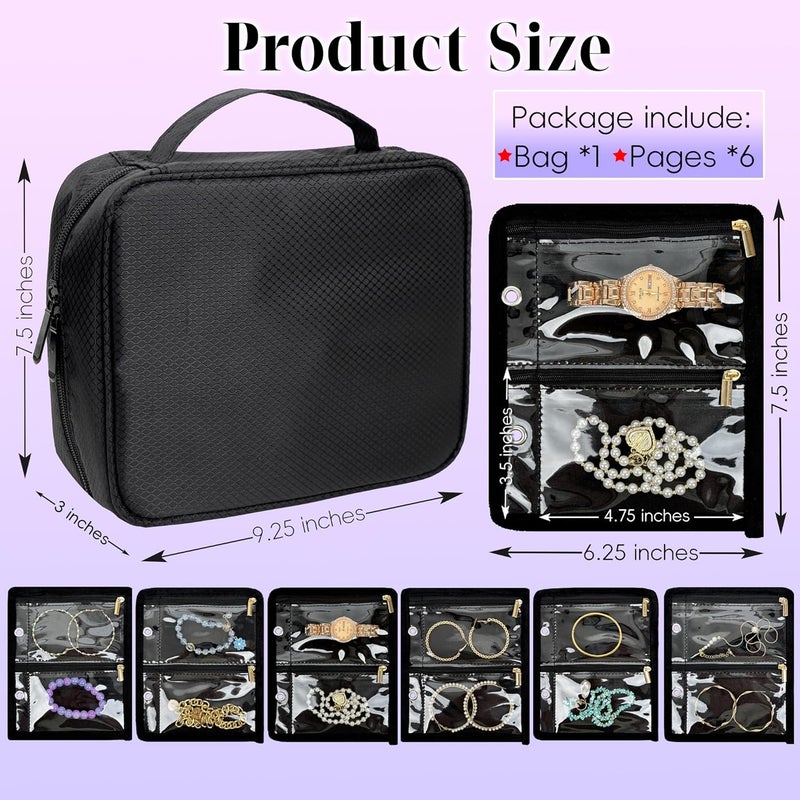 LingLingo Travel Jewelry Organizer Case,Jewelry Bags for Traveling, Jewelry Binder with 24 Pcs Clear Zipper Velvet Pouches for Storing Earrings, Rings, Necklace, Bracelet, Watch (Black) - Image 3